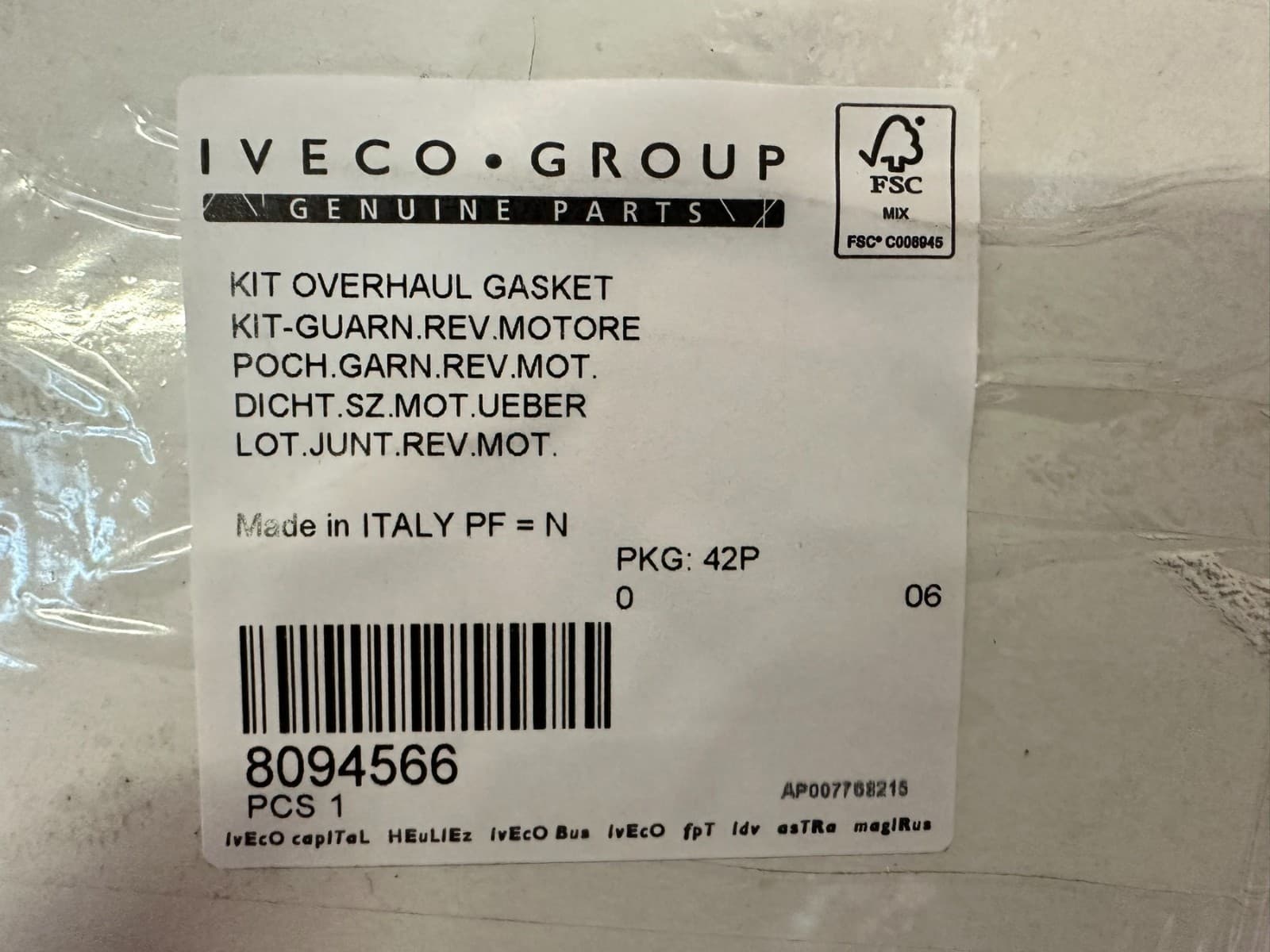 8094566 Gasket set for FPT CNH CASE NEF45 F4GE Engines D=104, 8 valve